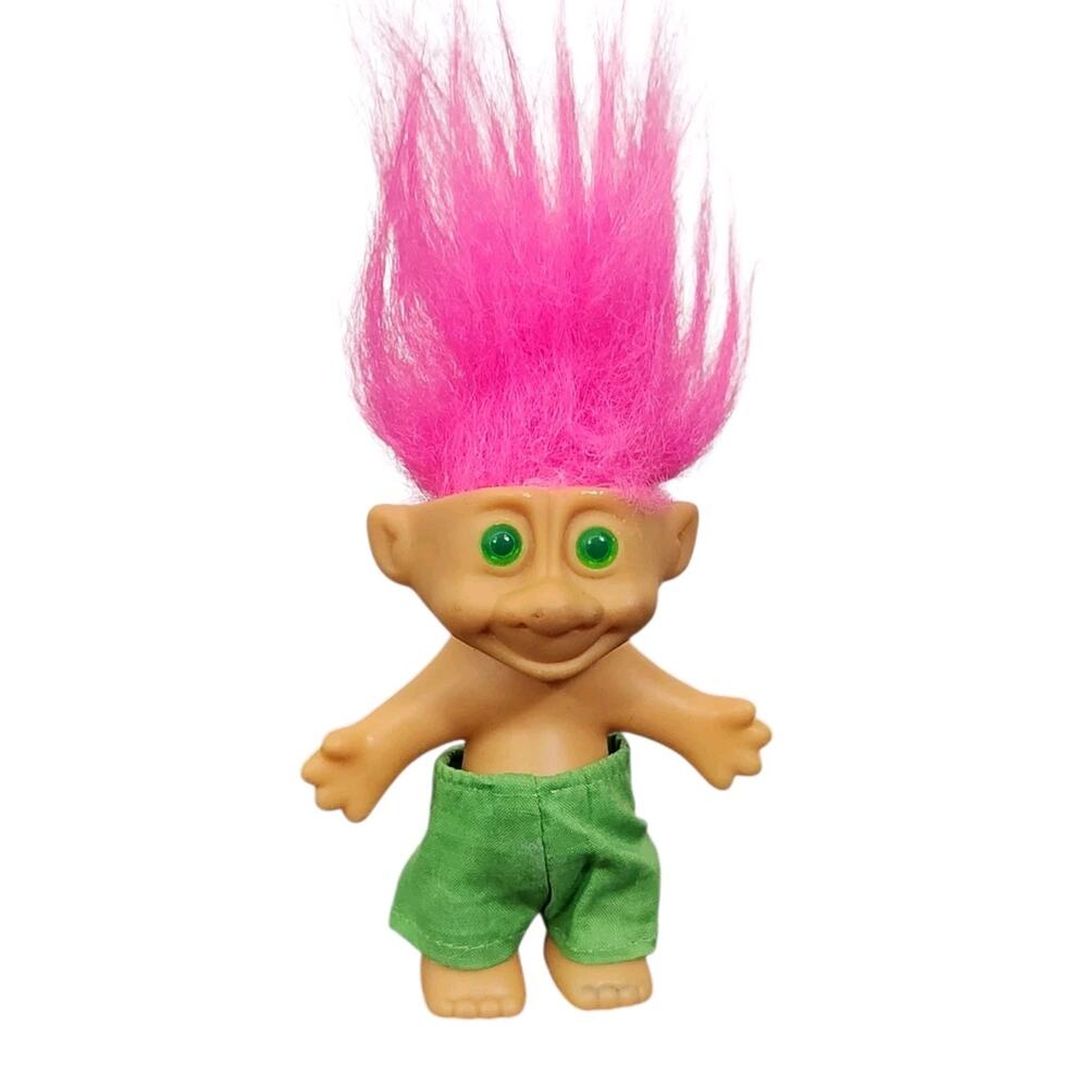 90s Trolls Smiling Pink Hair Green Eyes Outfit Vintage Made In China